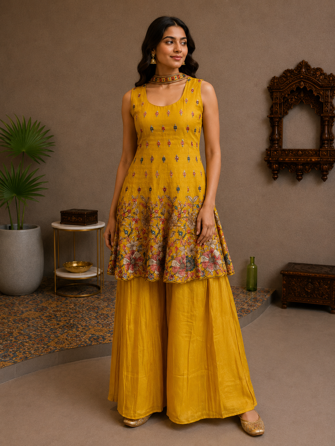 Mustard Yellow Silk Floral Peplum Palazzo Set